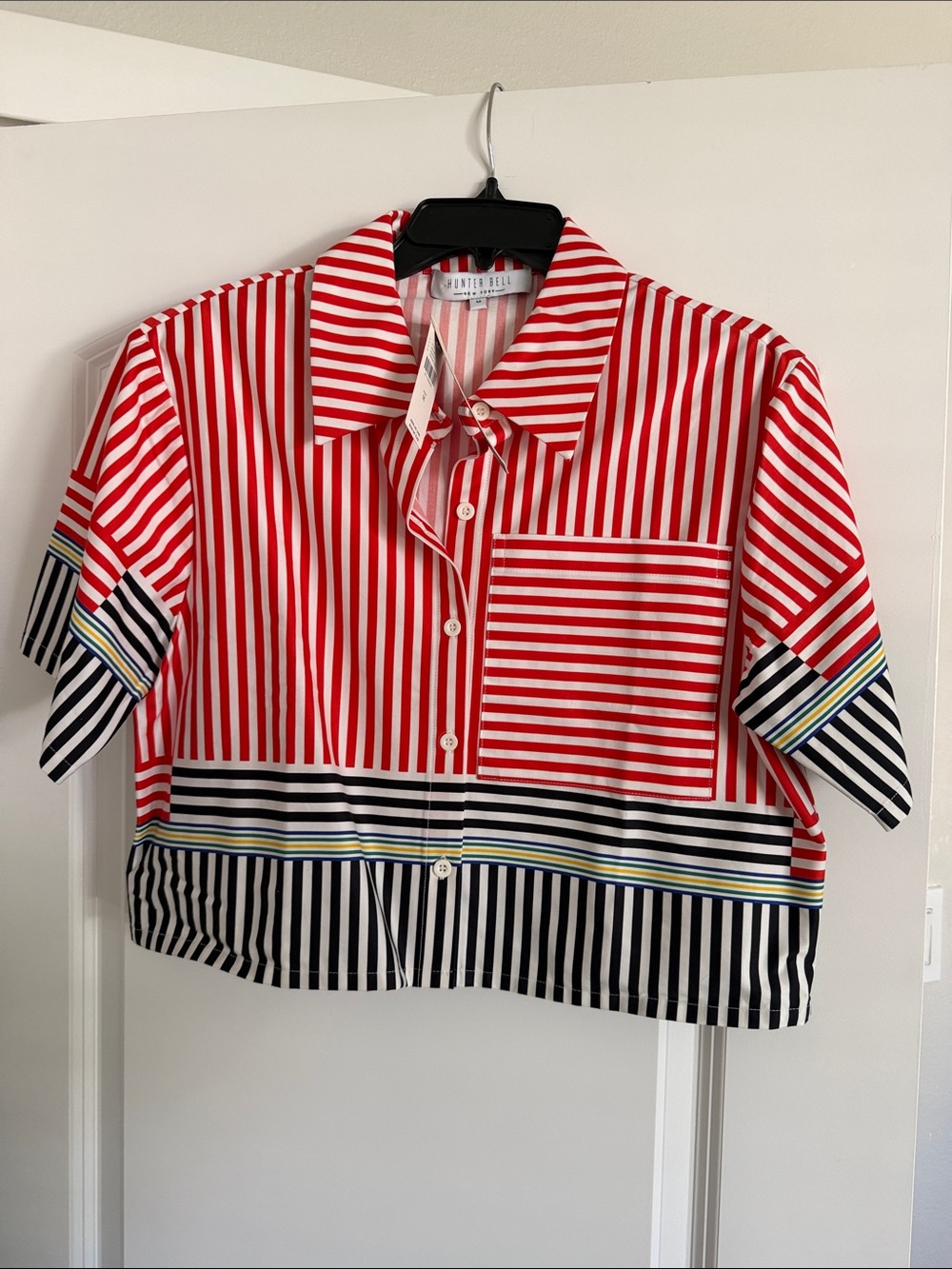 HUNTER BELL Red, Black & White Striped Short-Sleeve Button Down